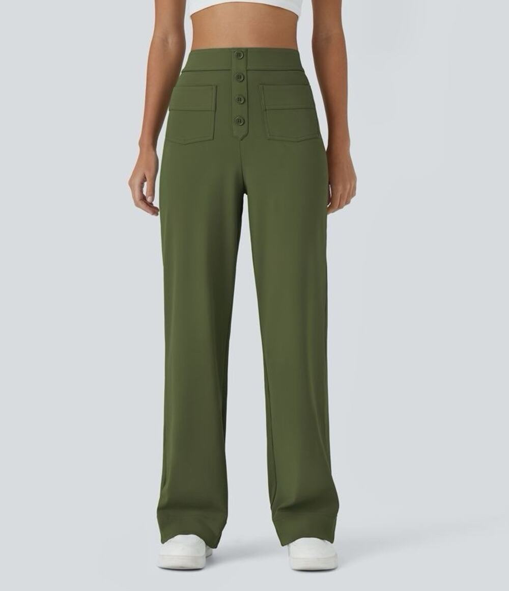 Halara Womens Day Stretch High Waisted Straight Leg Pants Sz M Green Pull On